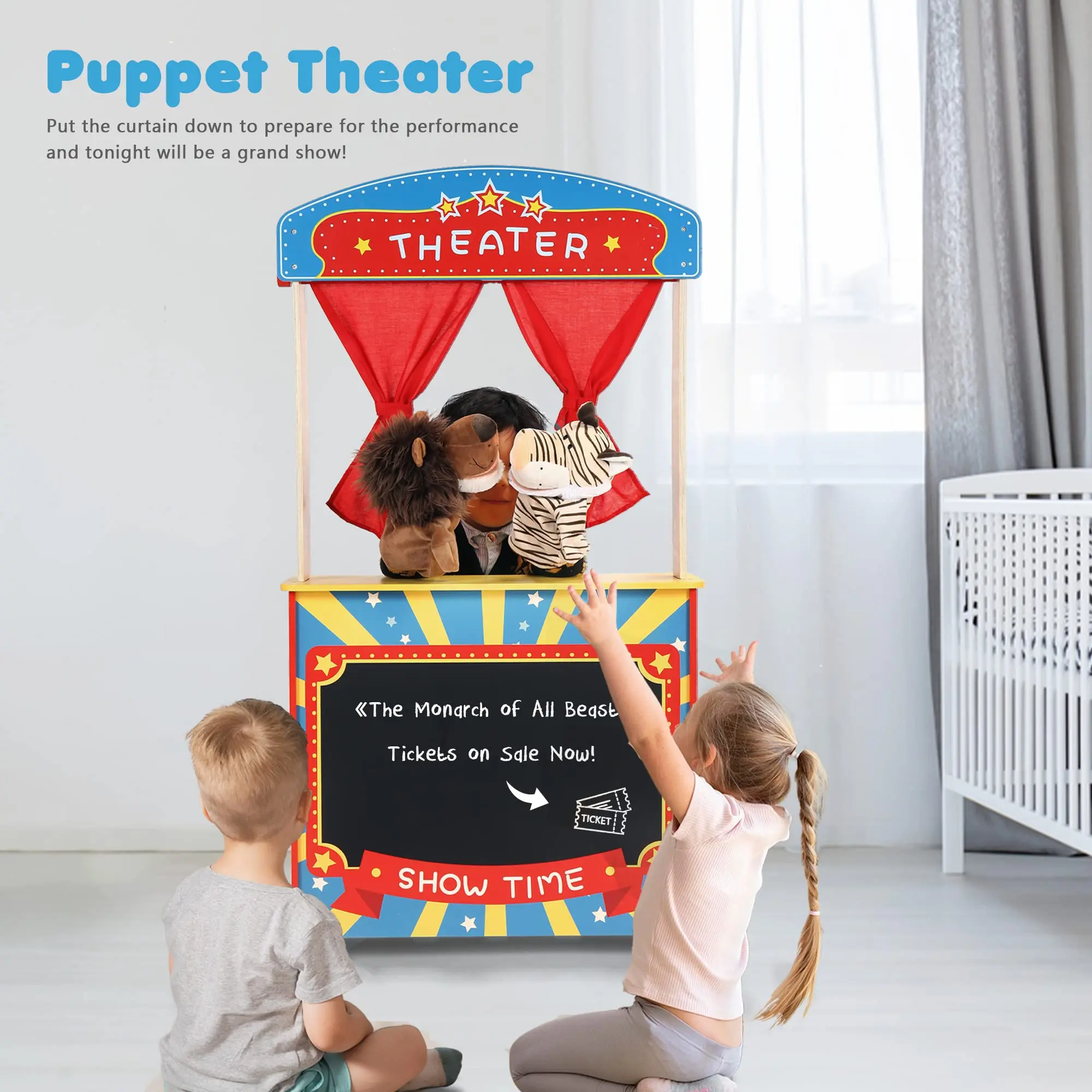 New Design Double-sided Puppet Stage With Chalkboard role Play Fruit Display Shop Kids Wooden Pretend Theatre