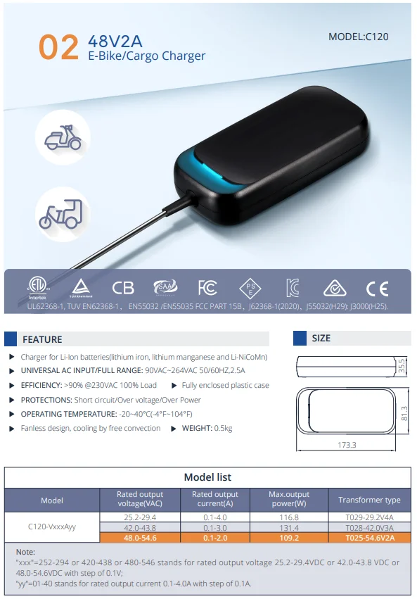 54.6v2a Lithium Charger For Electric Bike Portable Battery Charger For
