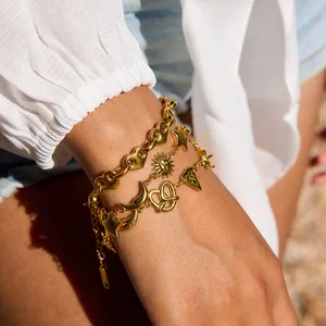 MW 18K Gold-Plated Stainless Steel Waterproof Bracelet with Sweet Romantic Heart, Croissant, Pizza and Bow Designs