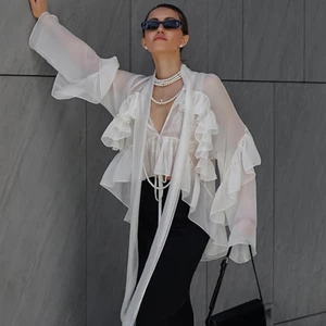 Summer Elegant New Patchwork Female Shirt 2025 Women's Sexy See Through Ribbon Lace-up Casual Blouses White Ruffle Shirt