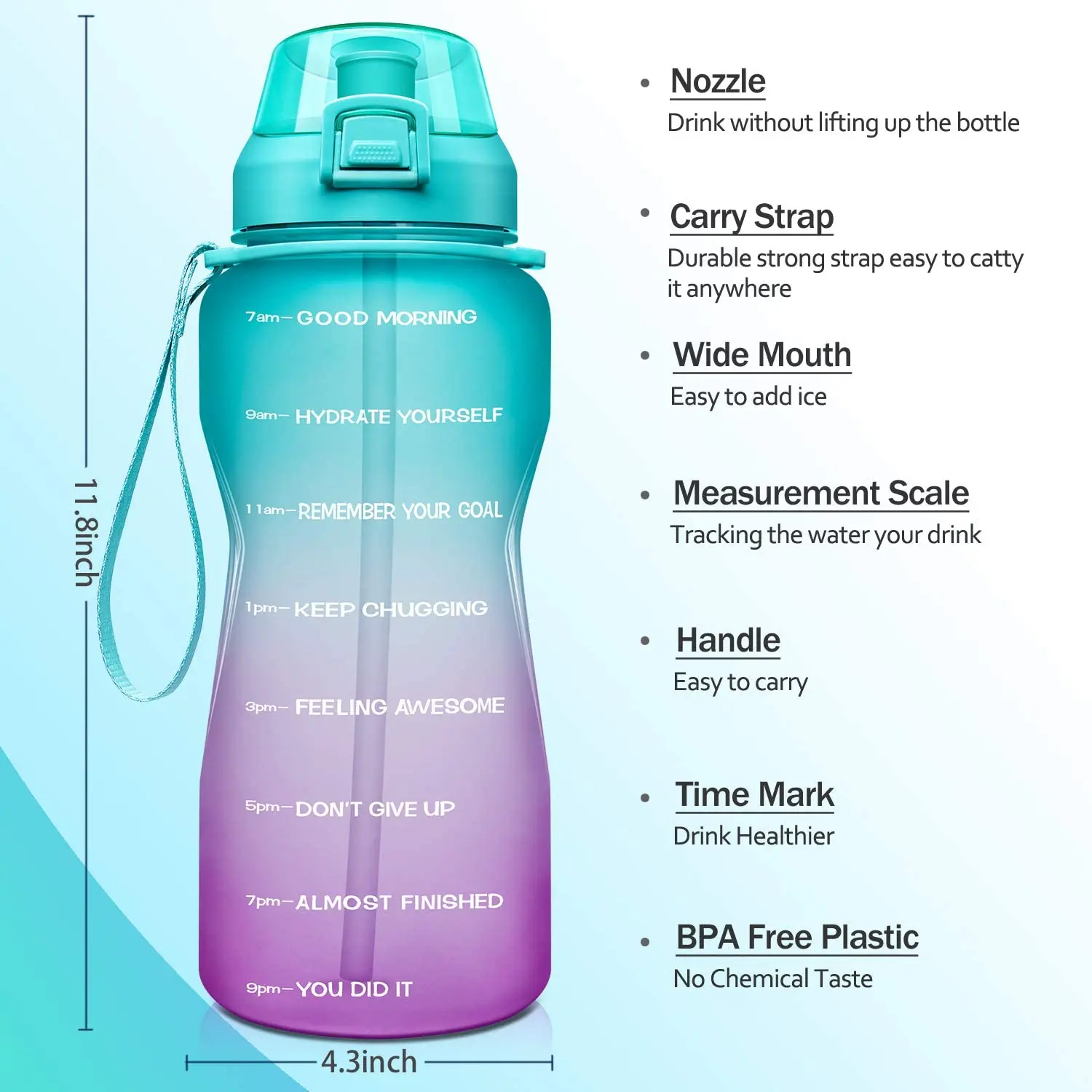 Fidus Large Half Gallon/64oz Motivational Water Bottle with Time