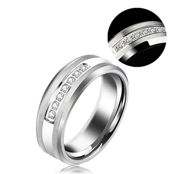 Luxury High Quality Shining Diamond Stone Bevel Edge Comfort Fit Silver Men Tungsten Ring