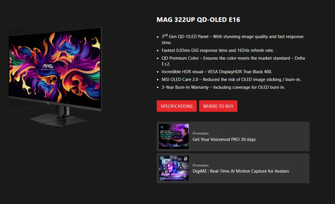 MSI MAG 322UP QD-OLED E16 31.5インチ ゲーミングモニター 3840 x