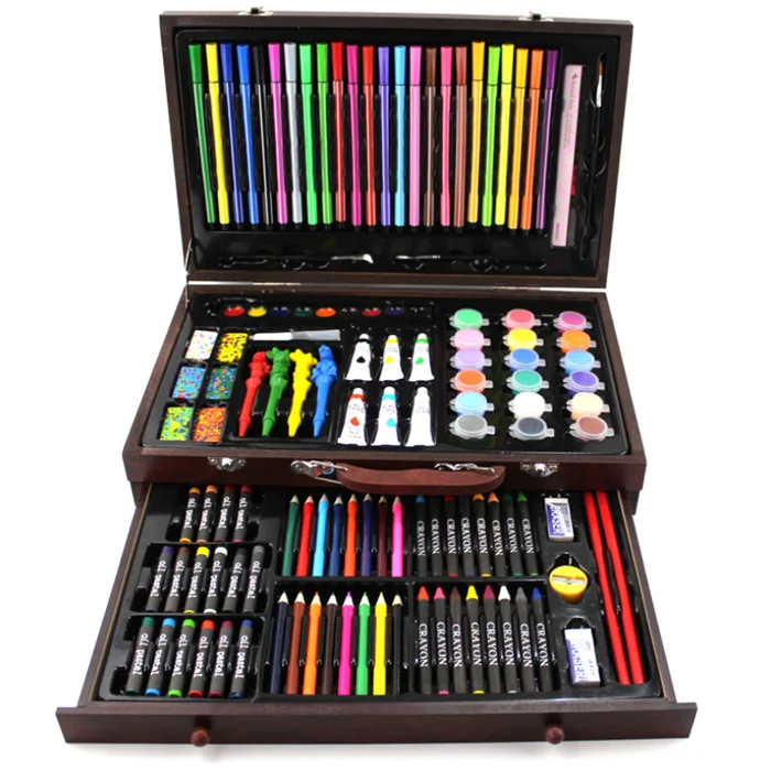 Wooden Art Box & Drawing Kit With Crayons, Oil Pastels, Colored Pencils,  Watercolor Cakes, Sketch Pencils, Paint Brush, Sharpener, Eraser 