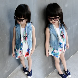 2015 Summer Outer Wear Korean Style Sweet Kids Girls jacket Jean Vest