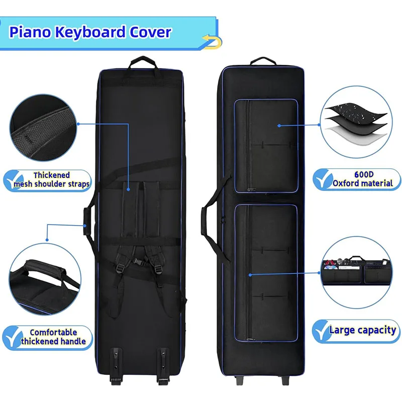 Rolling 88 Key Keyboard Case with Wheels Piano Bag with Handles & Shoulder Straps