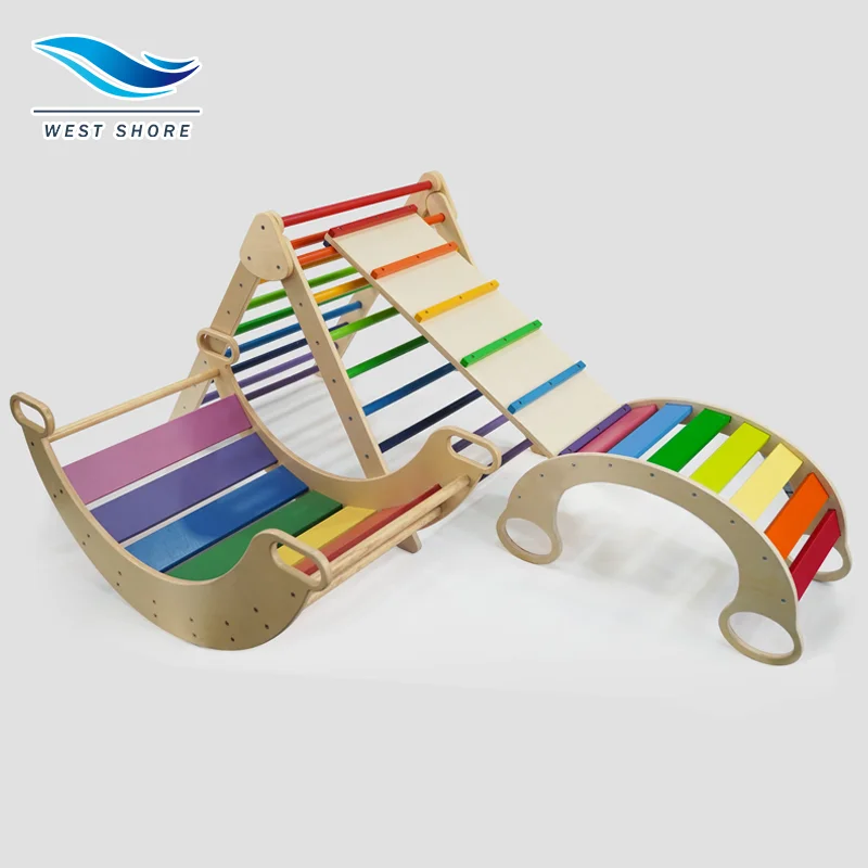 Радужный Монтессори деревянный детский набор треугольников с пандусом и качающимися скалолазанием