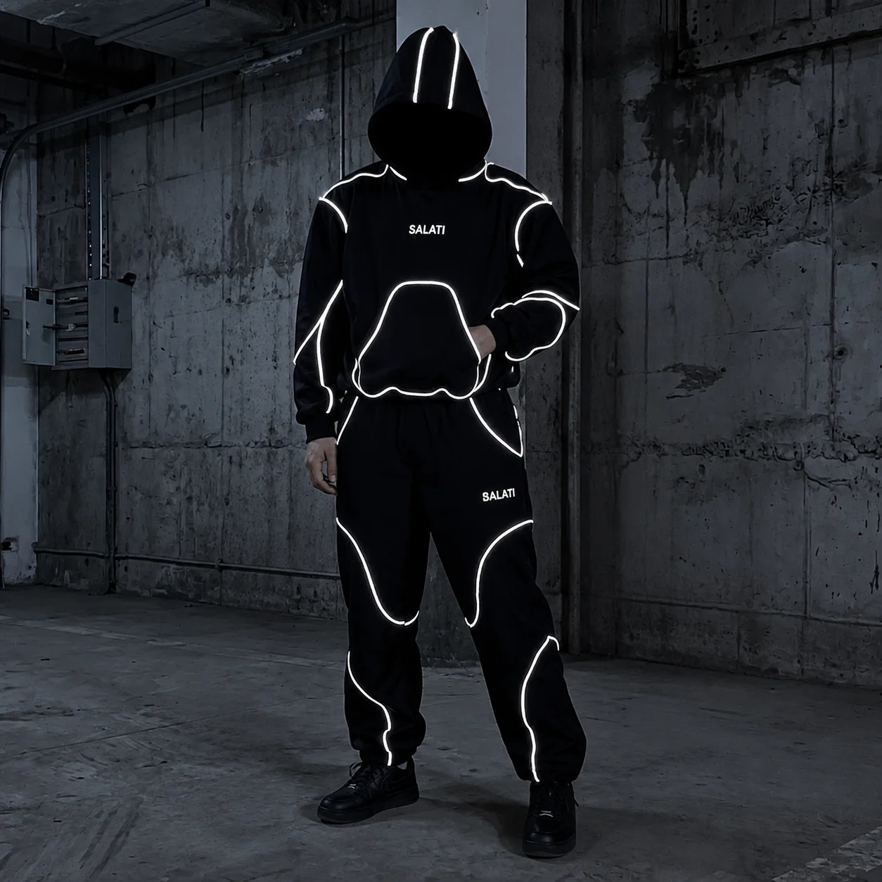 OEM Custom Mens Sweatsuit Set Reflective Piping Hooded Sweatshirt Loose Joggers Casual Y2K Urban Streetwear Men Tracksuit Set gallery 4