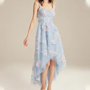 Custom High Quality Elegant Daily Office Lady Spring Casual Summer Mini Dress Ruched Straps Floral 3D Embroidery Lace Dress