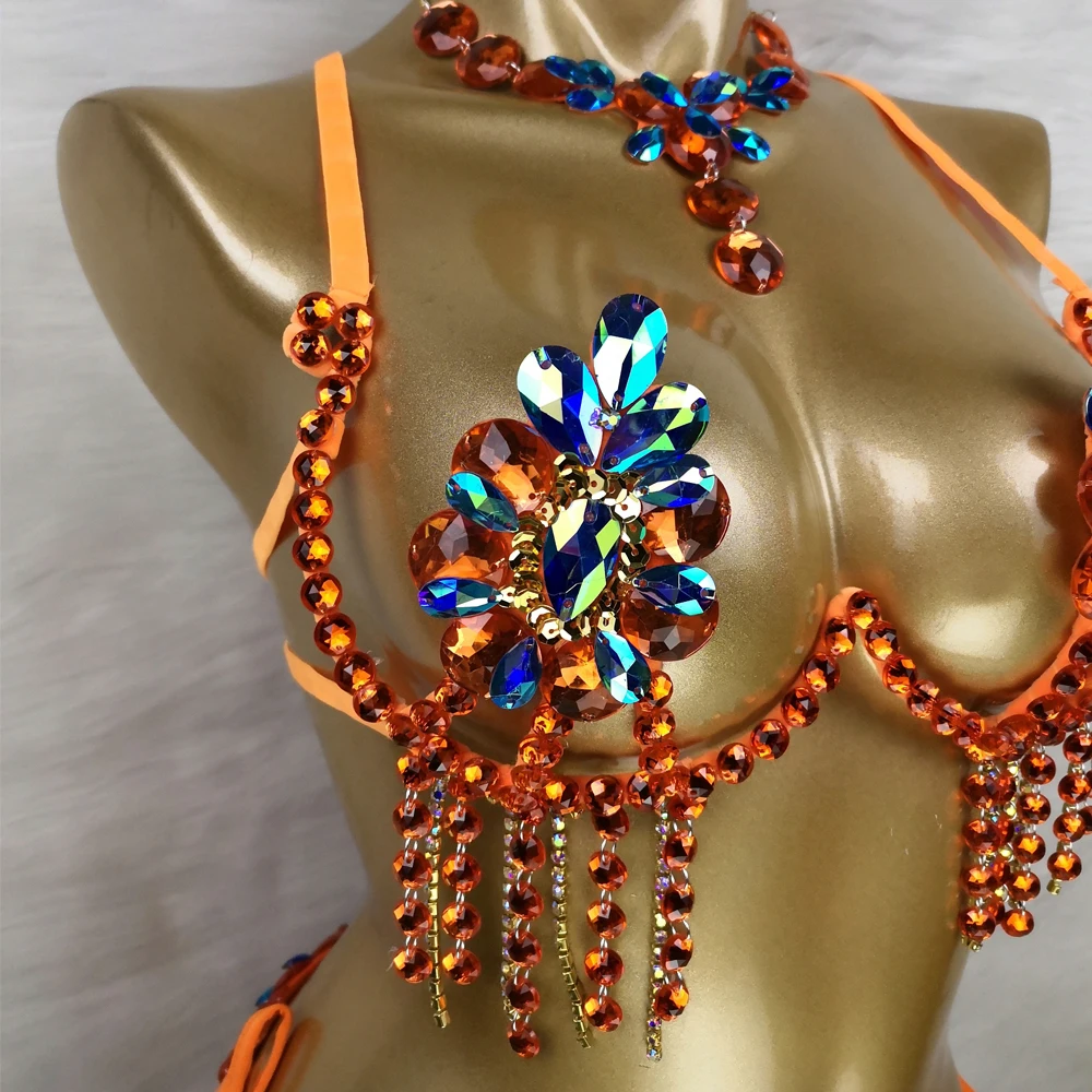 New Arrival Sexy Samba Carnival for Women Wire Bra & Belt Stones Samba Suit Party Rave Dancing Outfit