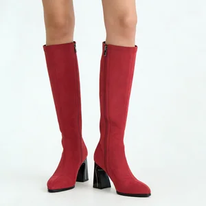 Women's Red Faux Suede Pointed Toe Knee-High Boots-Zipper Detail Block Heel Slim-Fit 2026 Autumn Winter Spring