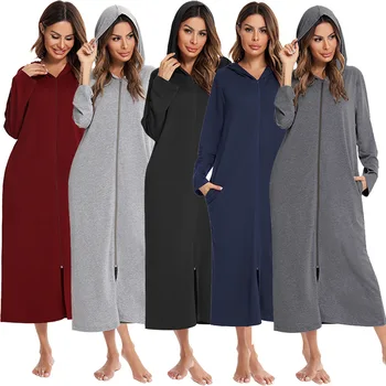 Wholesale Hot Style Spring Autumn Winter homewear Zipper Plus Size Sexy Women's Long Hooded cotton Nightgowns