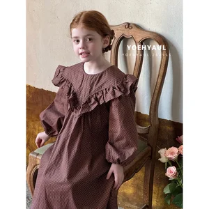 YOEHYAUL 25161  Custom New Girl Polka Dot Dress Chocolate Colored Cotton Dress Child Lace Stitching Waist Strap Long Dress Girl