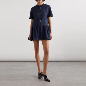 Clothing Manufacturer Custom Spring Summer Blue Crew Neck Short Sleeve Layered Lace up Panel Mini Jean Dresses Denim Women