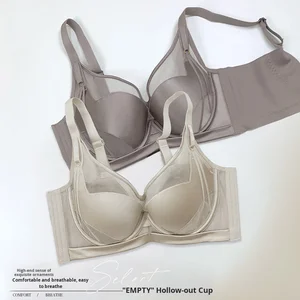 Gothic Satin Seamless Lightweight Breathable Mesh Soft Women  Underwire Push-Up Hollow Cup Bra