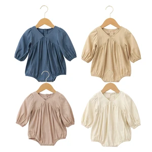 Custom Logo Designer Wholesale Toddler Cloths With Snap Button Elastic Cuffs Solid Color Unisex Baby Rompers