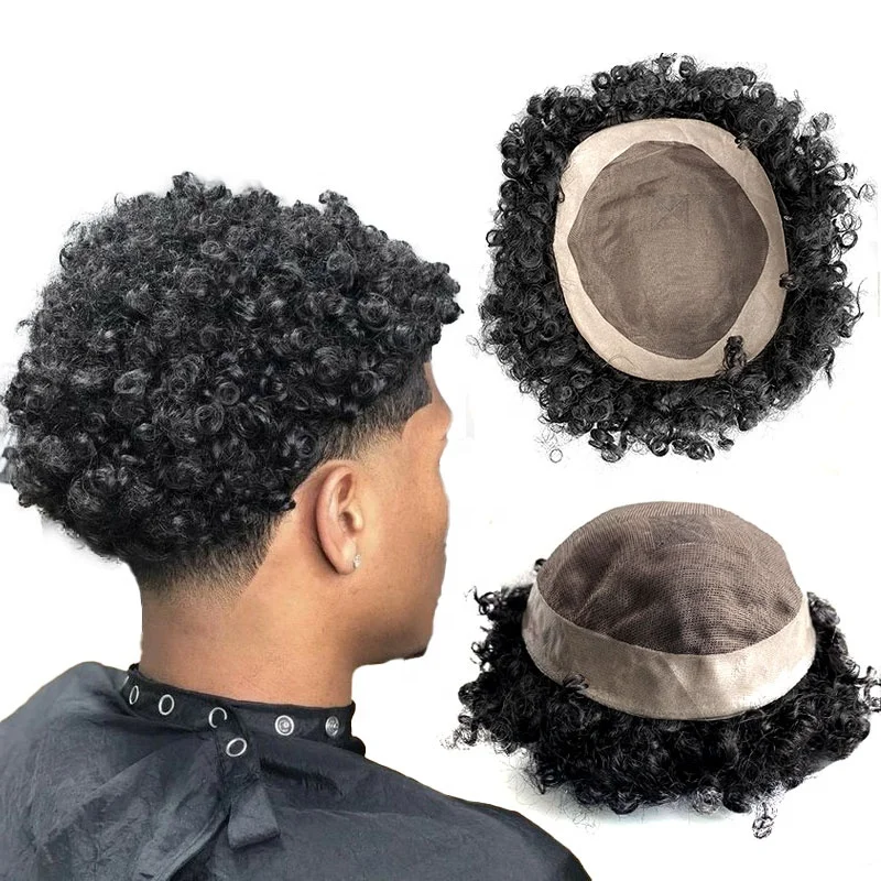 Wholesale 4mm 6mm 8mm 10mm Afro Curly Toupee Men Mono Base Mens Hair Units  Natural Human Hair Wig Afro Toupee for Black Men
