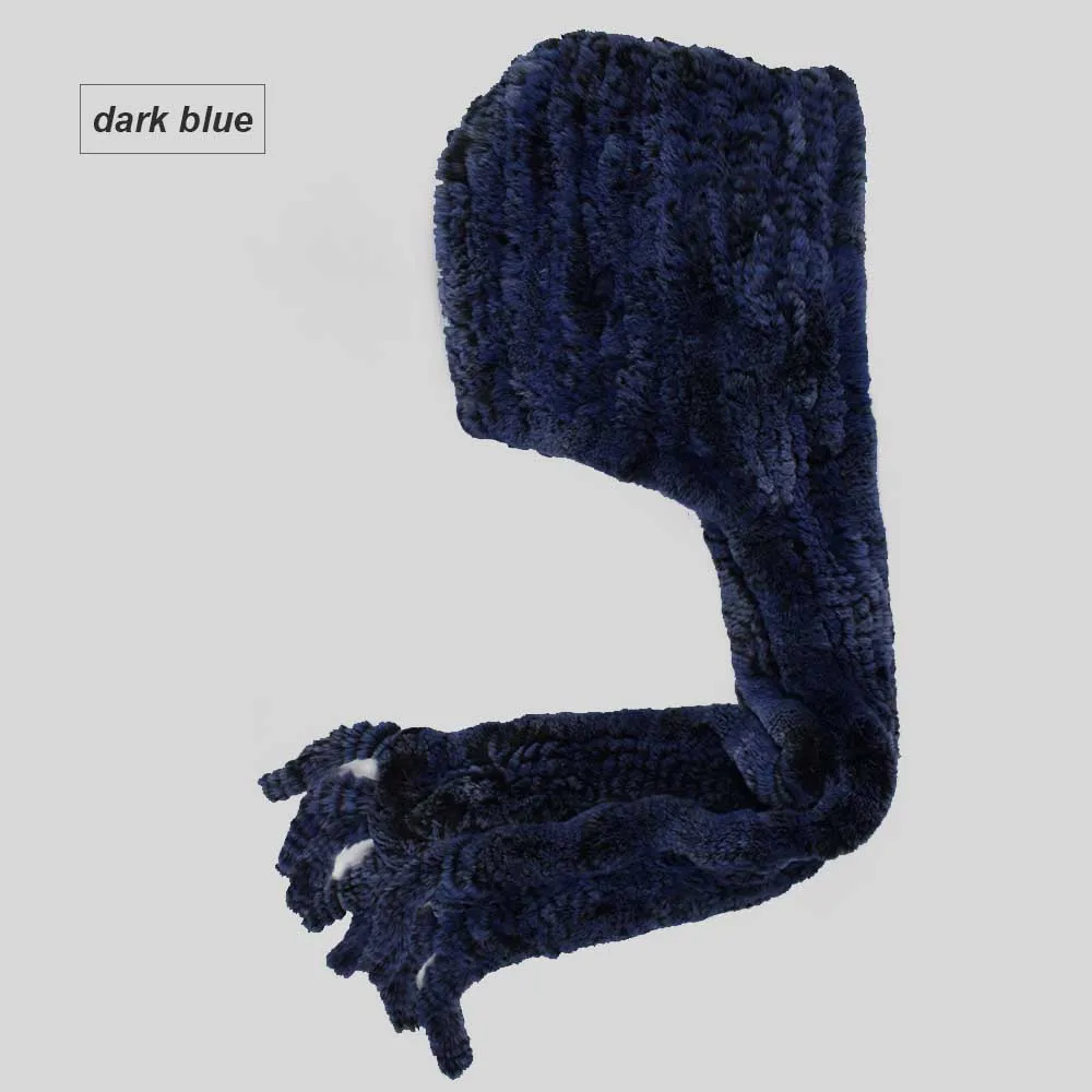 knit rex fur hood scarf dark blue