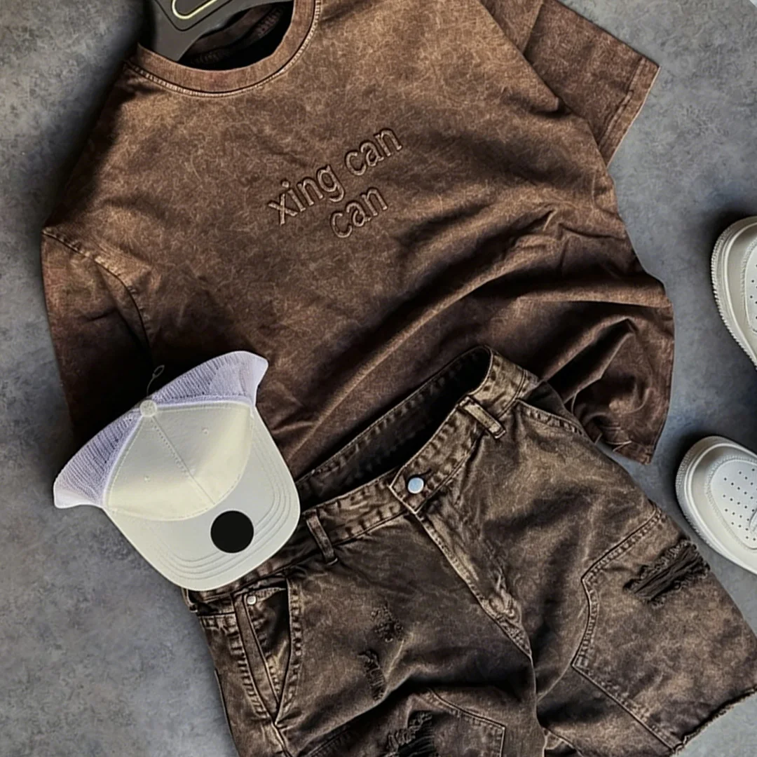 Somer Nuut Vintage Gewasde Katoen Set, Sonverbleik Suurwas Borduurde T-hemp, Skeurdenim Shorts Tweedelig Uitlaat
