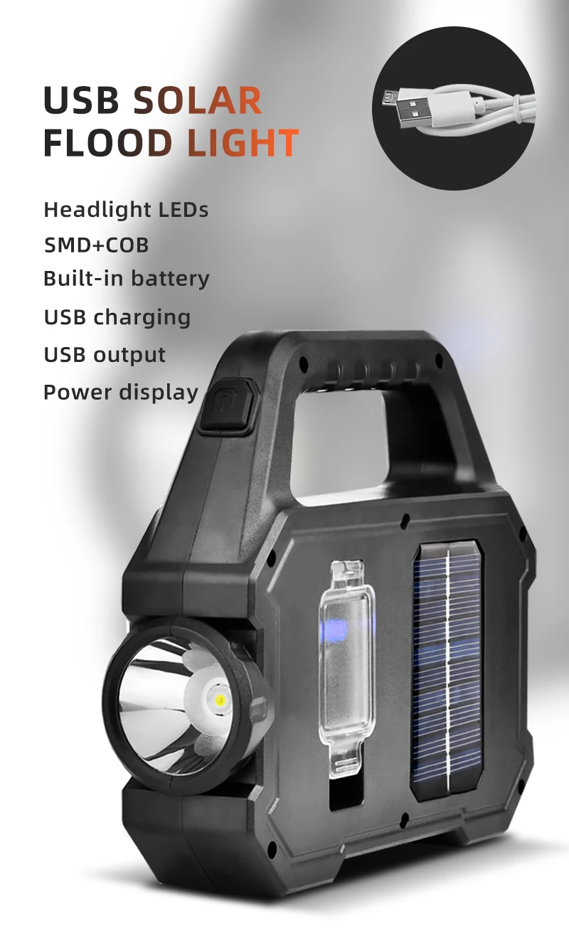 Solar Charging LED COB Rechargeable Multi-function Camping Light Flashlight Emergency Work Search Light With Powered Bank factory