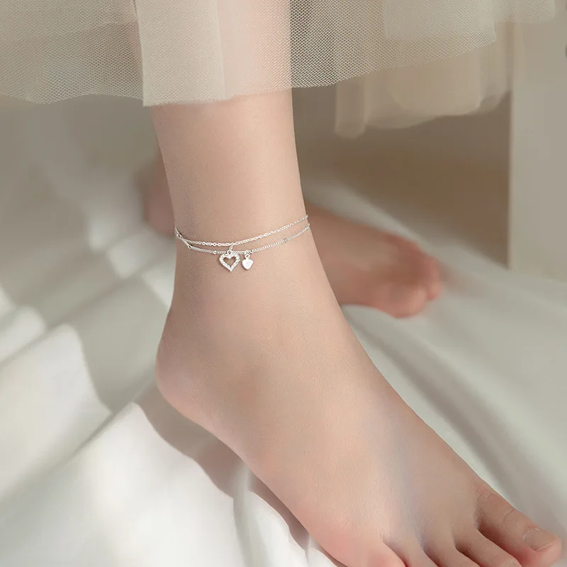 WMS4571 Layered 925 Sterling Silver Double Heart Anklet for Girls Women Birthday Gifts Summer Beach Ankle  Dainty Jewellery