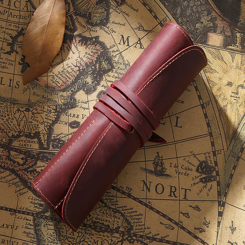 Innovative Top Layer Leather Roll Type Binding Straps Recycled Pouch Pocket Bag Fountain Pen Organizer for Pencils Stationery