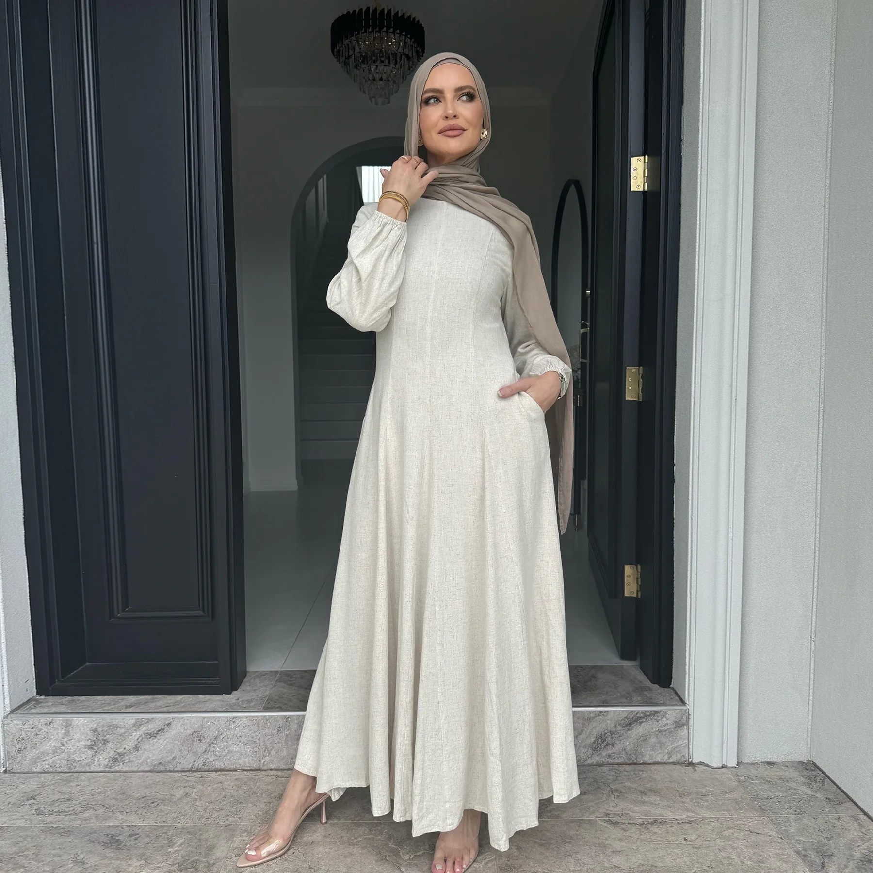2025 Dubai New Fashion Modest Muslim Women Long Dress Linen Breathable  Solid Color Elegant Dress for Daily Life| Alibaba.com