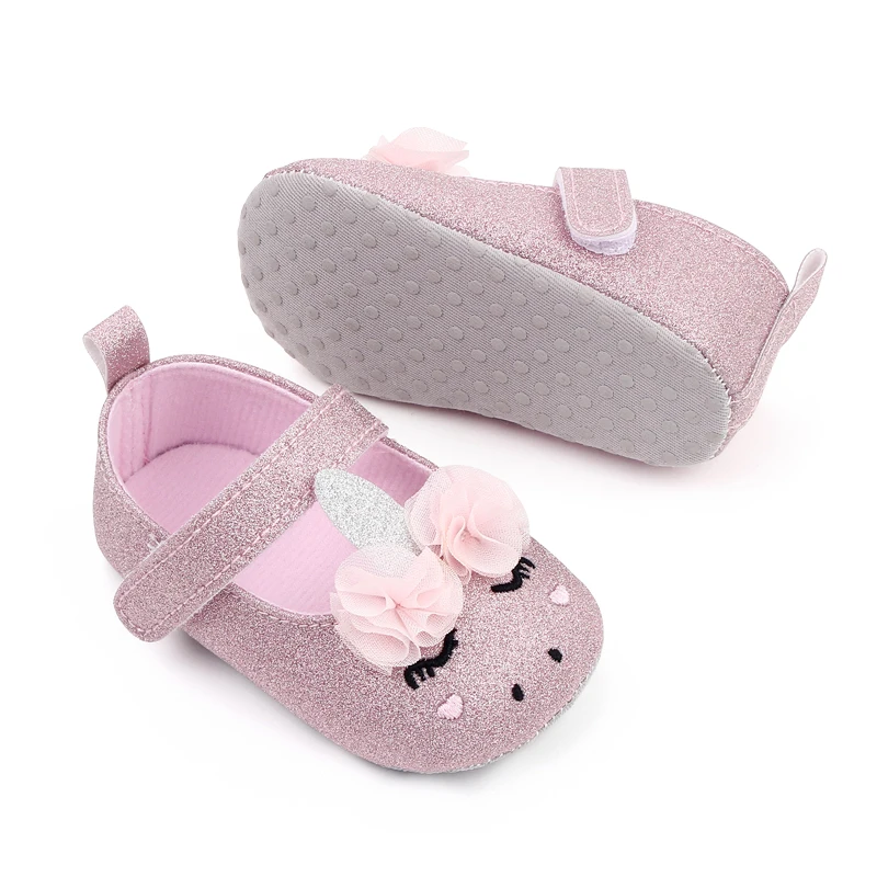 Glitter Cute unicorn Baby Girls Soft Sole Shallow Mouth Cartoon Flower Princess Toddler Shoes details
