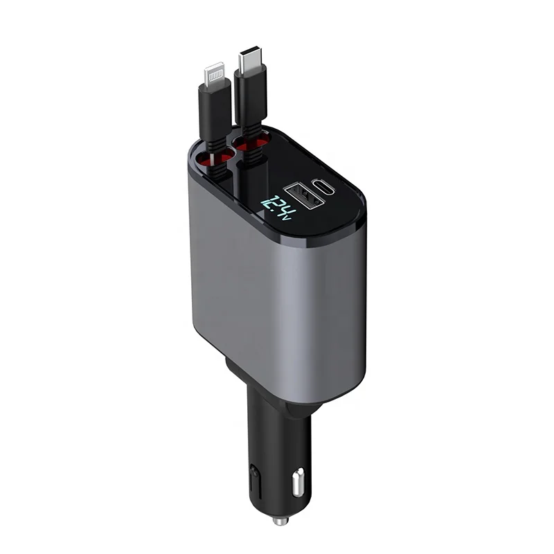 Fast Retractable Car Charger USB C Car Charger Fast Charge 60W 2  Retractable Cables  and USB Port Car Charger Adapter