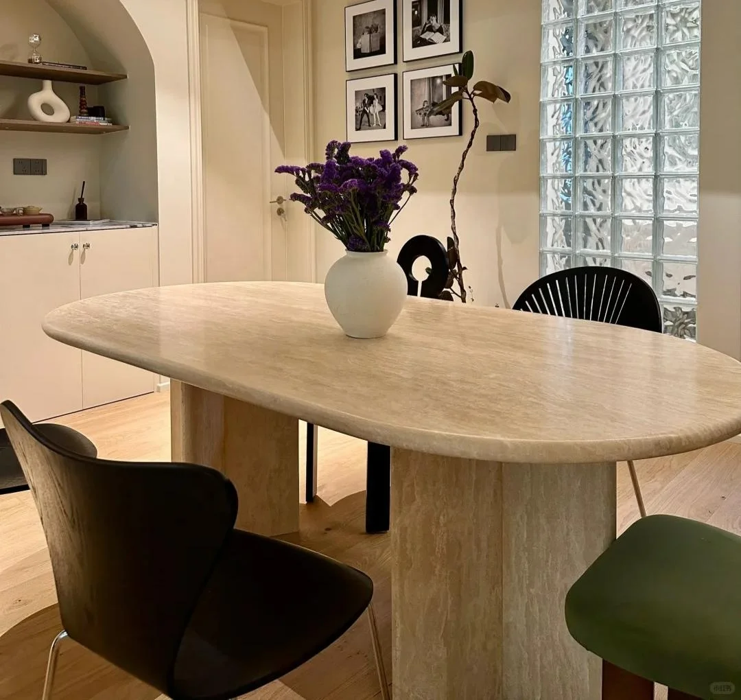 Customized Luxury Natural Travertine Coffee Table Stone Living Room Beige Oval Travertine Dining Table Stone