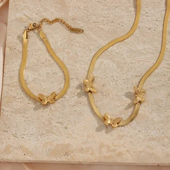 Drop Ship Stainless Steel Butterfly Charm Gold Plated Herringbone Chain Necklace Basic Bracelet And Necklace Set