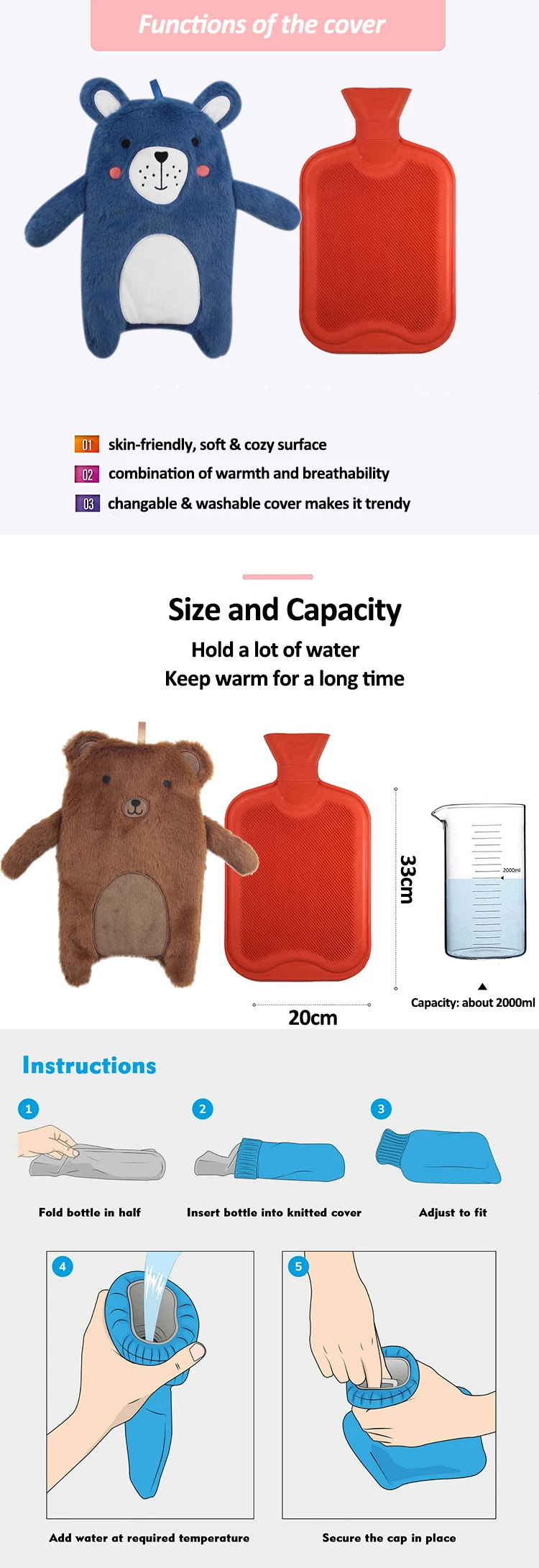 Wholesale Rubber Hot Water Bottle Cute Plush BS Hot Water Bag Animal Cover