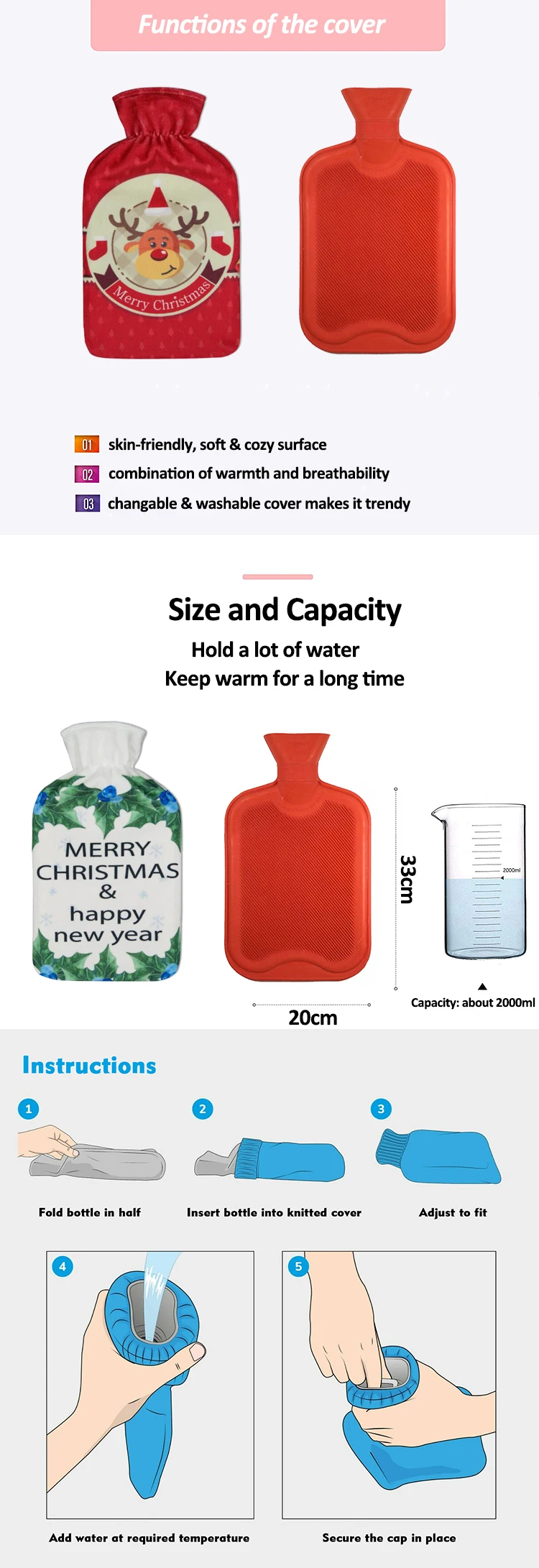soft fleece rubber hot water bag bottle cover custom logo hand warmer hot water bag for massage