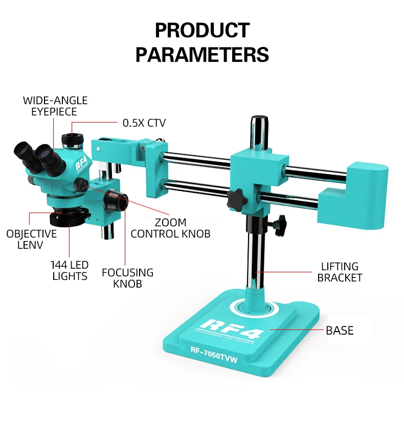 RF4 RF7050TVW 7-50X Electronics Trinocular Microscope With STL2 Double-arm Boom Stand for Phone PCB Soldering Welding Tool
