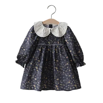 2024 Autumn Korean Style Baby Dresses Girls Embroidered Floral Big Lace Lapel Puff Sleeve Baby Princess Dress