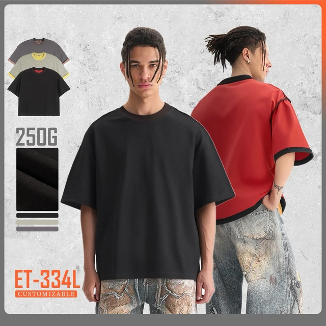High Quality Double Layer Tshirts Men Custom logo Contrast Color Collar and Cuff Oversized Tee Reversible Boxy Cropped T Shirt