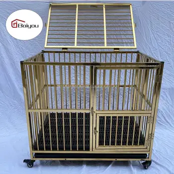 Pet Stackable and Foldable Shiny Gold Stainless Steel Dog Cage Easy Assembled with tray