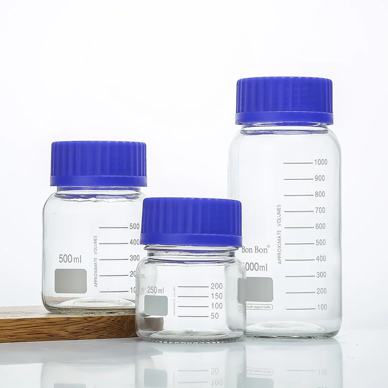 Factory Wide Mouth 1 Liter Lab Glass Reagent Bottle 1000ml Borosilicate Media Storage Jar With Blue Screw Cap