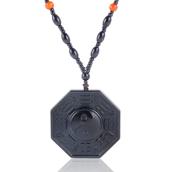 Vintage Style Black Obsidian Taiji Gossip Pendant Necklace Yin Yang Bead Chain Necklace Jewelry For Woman Men