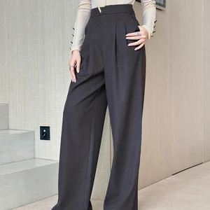 ZYHT 35377 Winter Pants for Women Gray High-Waisted Wide-Leg Pants with Pleated Design Flattering Silhouette