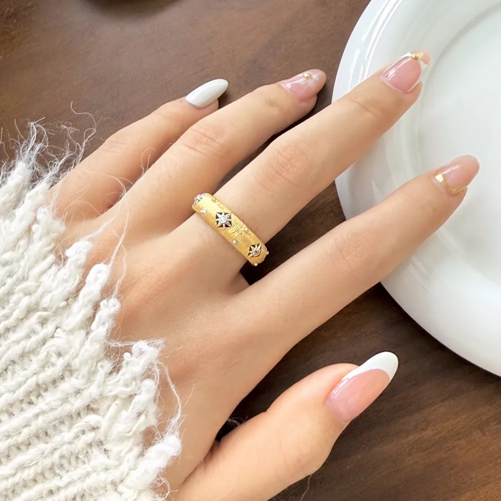 KAKODIY luxury top jewelry 22K gold plated 925 Sterling Silver brushed surface 5A zirconia eight-pointed star eternity band jewelry ring detail 7