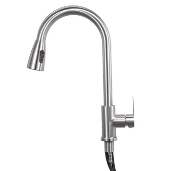 Stainless Steel Single Handle Pull-down Kitchen Faucet Single Hole Installation Faucet  with Sprayer Function