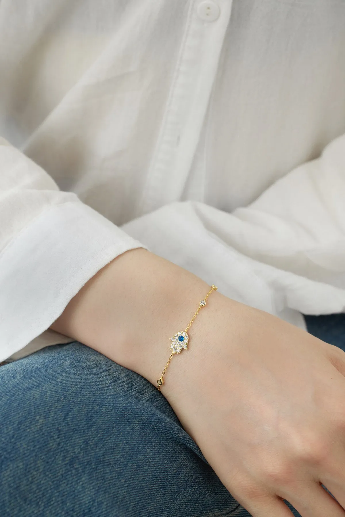 KAKODIY Vintage Minimal 18K Gold Plated China 925 Sterling Silver Bracelet Cubic Zirconia Evil Eyes Hamsa Hand Fatima Lucky Bracelet Women detail 4