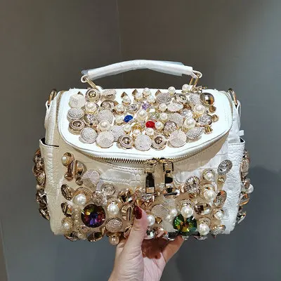Rivet Rhinestone Bling crocodile Pattern Pearl Handbags Crossbody Evening Ladies Handmade Women Hand Bags Leather Luxury