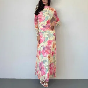 New Floral Mesh Printed Party Dress Long Sleeved Slim Fit Women Dress for Vacation Plus Size