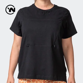 Summer Women Black Soft Breathable 100% Cotton Nursing Breastfeeding Zip T shirts Sports Top