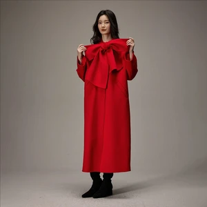 Red Bow Style Loose Long Double-sided Wool Coat Bow Collar Straight Tube Coat for Women