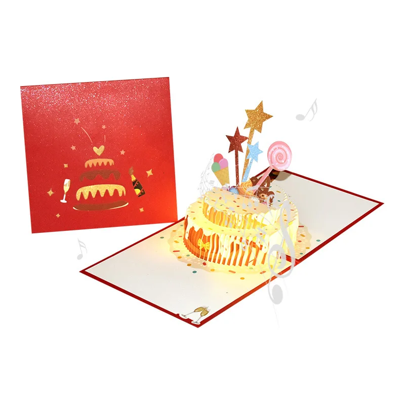 DAMAI Carousel 3D Pop Happy Birthday Paper Cake Greeting Card Sound Light Invitations for Boys Girls