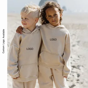 Custom Kids Beige Hoodie Set Unisex Fleece Tracksuit 2 Piece Outfit Boys Girls Pullover Sweatshirt and Jogger Pants OEM Logo