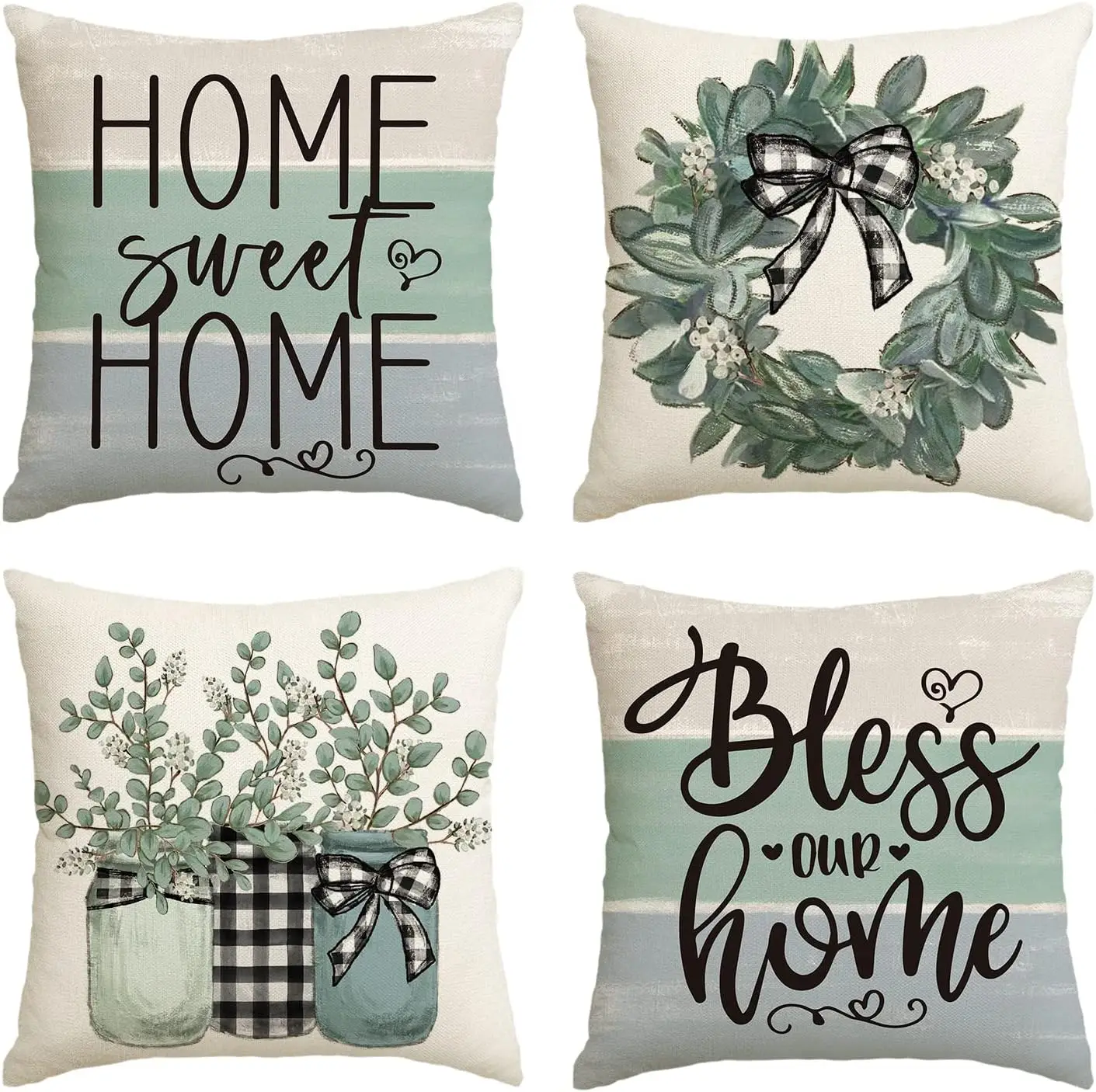 Grosir Sarung Bantal Hias Cetak 4 Buah untuk Musim Gugur, Desain Rumah Manis dengan Daun Eukaliptus dan Bentuk Telinga Domba, Ukuran 18 × 18 Inci